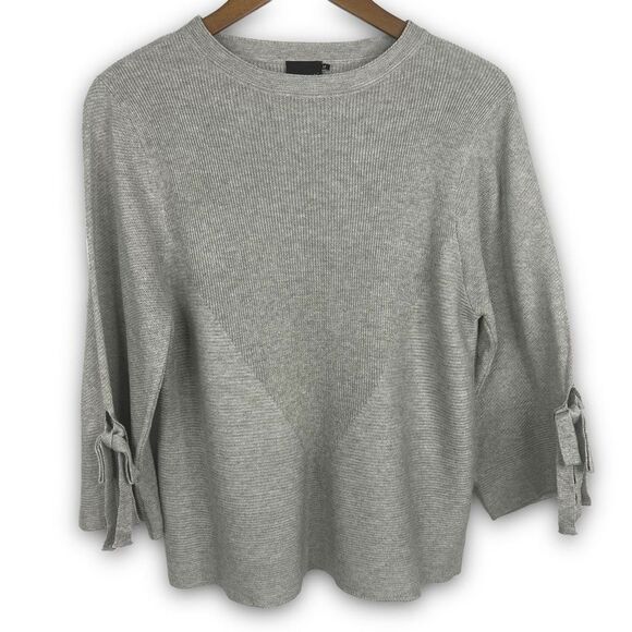 Cliche Gray Ribbed Wool Blend Quarter Tie Sleeve Crew Neck Sweater‎ Top Medium - Picture 1 of 12